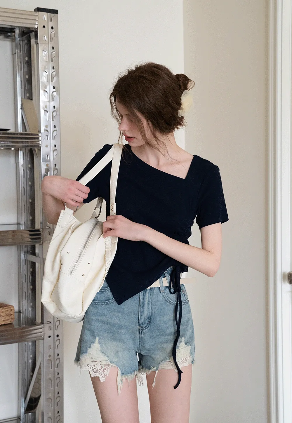 Women’s High‑Waist Ripped Lace Denim Shorts