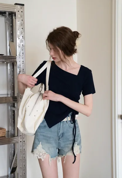 Women’s High‑Waist Ripped Lace Denim Shorts