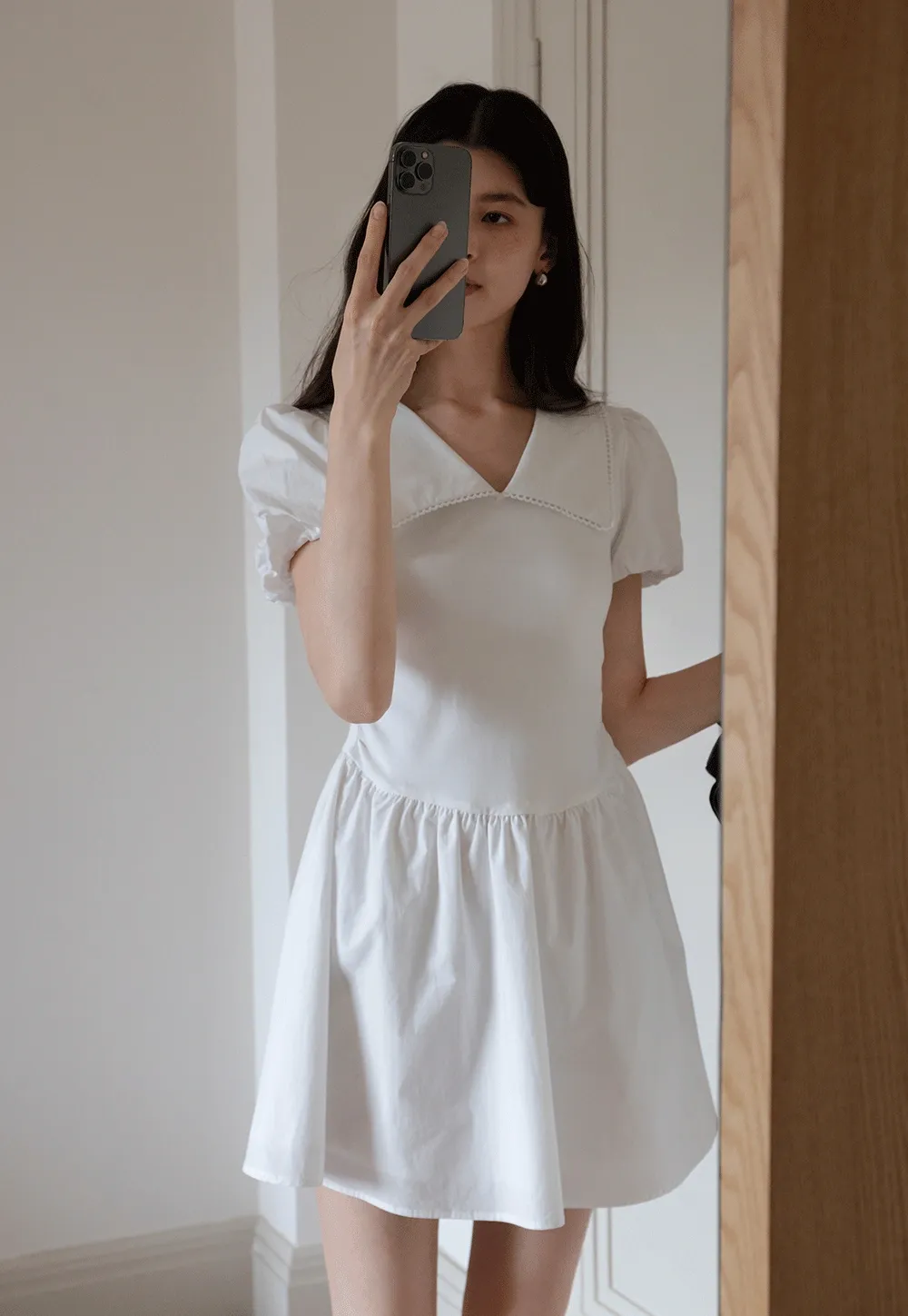 French V-Neck Puff Sleeve White Dress