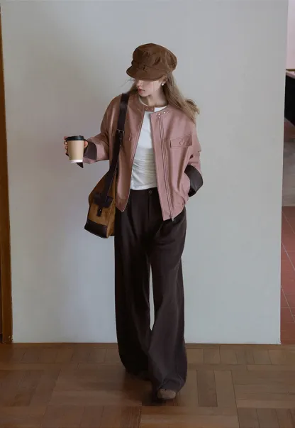 Womens Faux Leather Jacket with Zipper Front and Contrast Cuffs