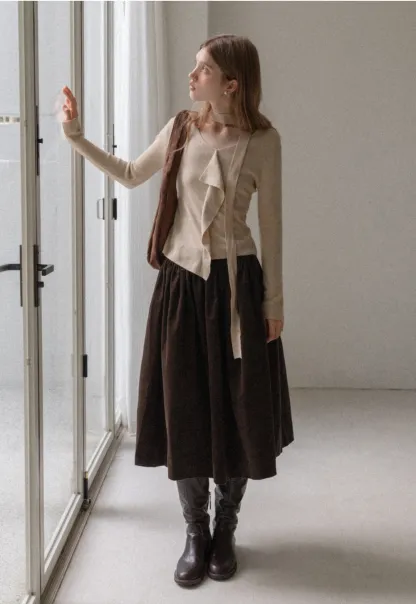 Vintage High Waist Pleated Corduroy Skirt