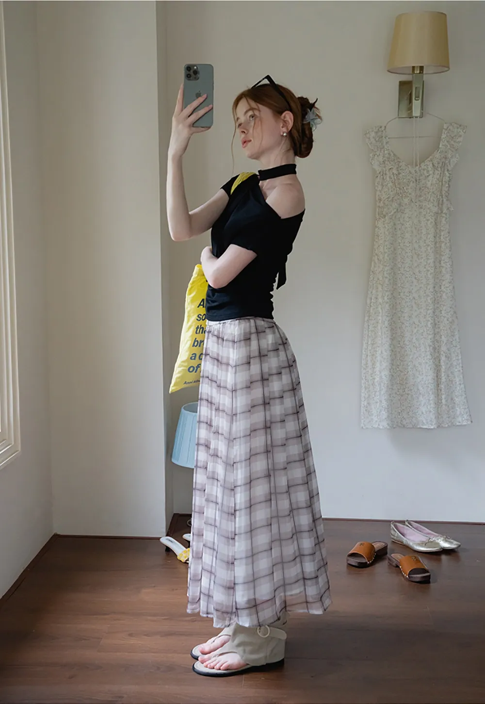 Women’s High Waist Plaid Chiffon Midi Skirt