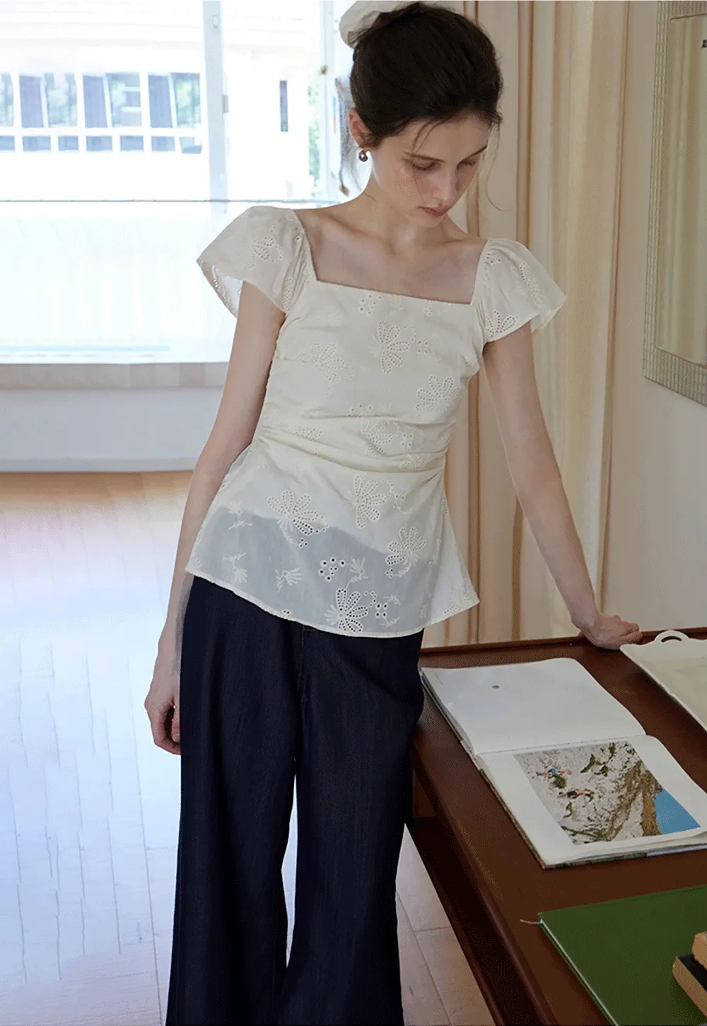 "Women’s Eyelet Embroidered Flutter Sleeve Blouse