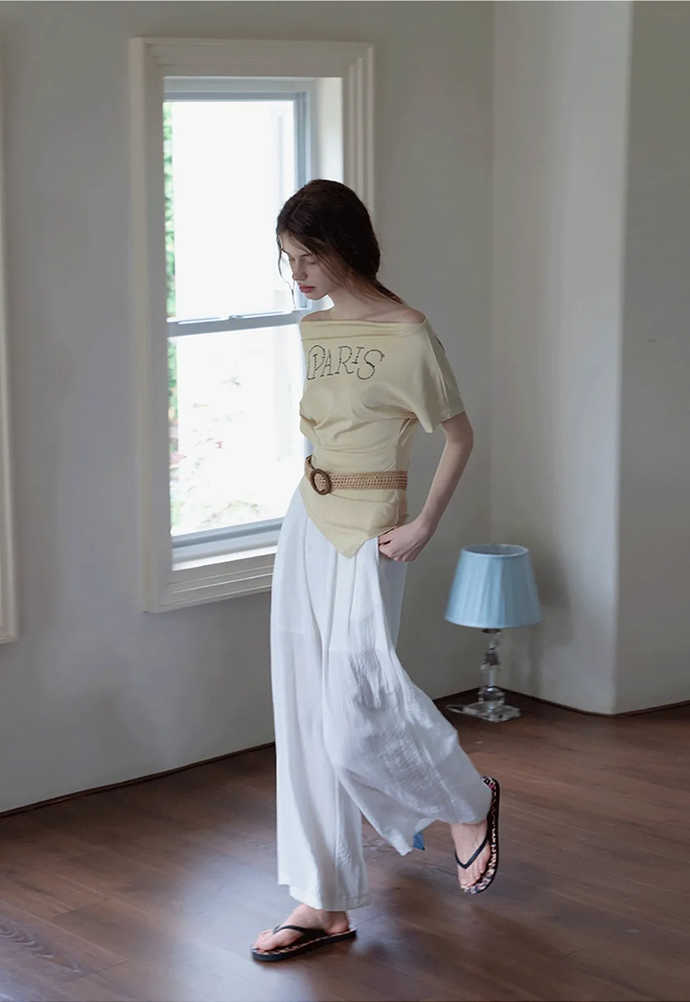 Asymmetric Off-Shoulder T-Shirt with Paris Rhinestone Lettering