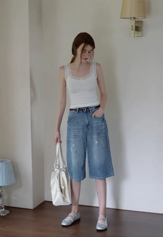 Women’s Distressed Wide-Leg Denim Bermuda Shorts