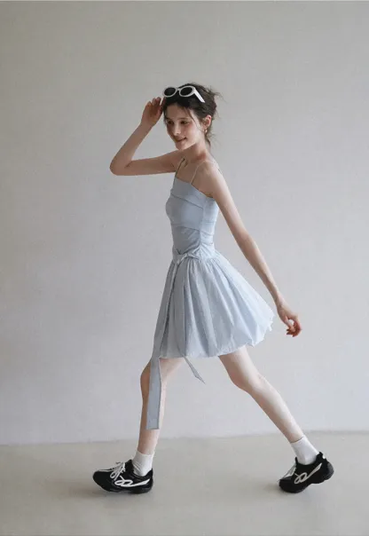 Blue Tie Waist Cami Mini Dress