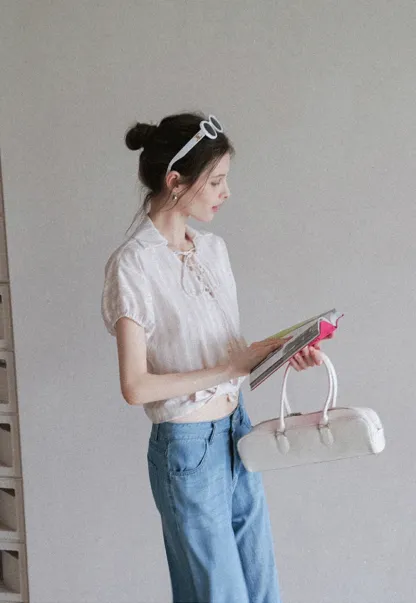 Striped Short Sleeve Blouse with Lace-Up Neck