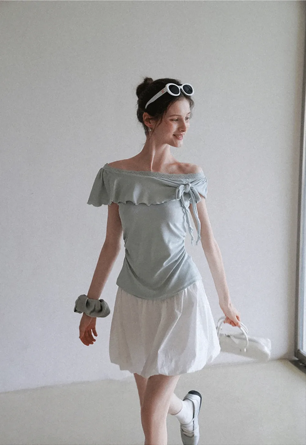 Chic Off Shoulder Ruffle Blouse with Lace Lining