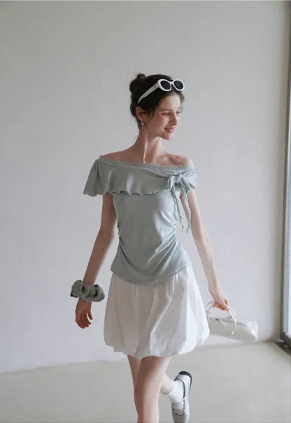 Chic Off Shoulder Ruffle Blouse with Lace Lining