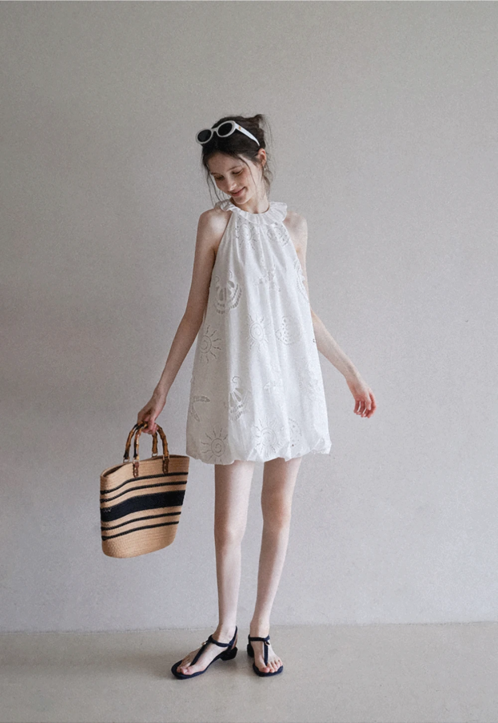 Women’s Sleeveless Eyelet Mini Dress with Ruffle Neck
