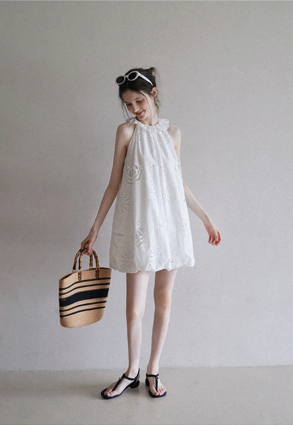 Women’s Sleeveless Eyelet Mini Dress with Ruffle Neck