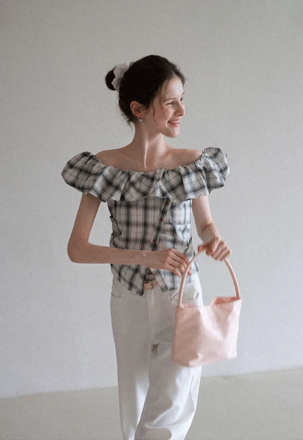 Off-Shoulder Plaid Ruffle Top