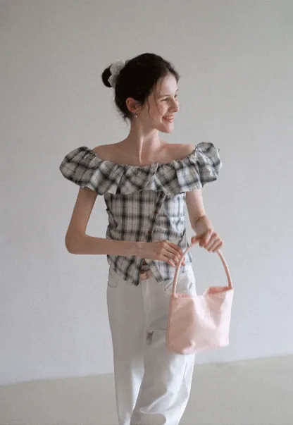 Off-Shoulder Plaid Ruffle Top