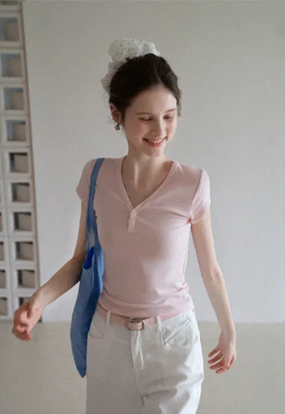 Women's V Neck Button Front Short Sleeve T-Shirt