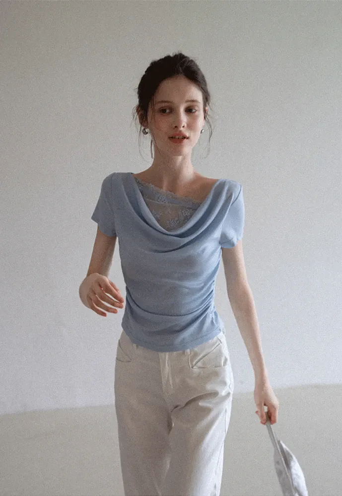 Women’s Cowl Neck Lace-Back Ruched Tee