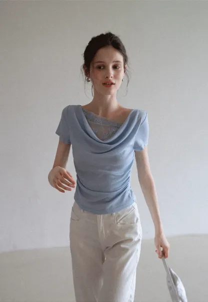Women’s Cowl Neck Lace-Back Ruched Tee