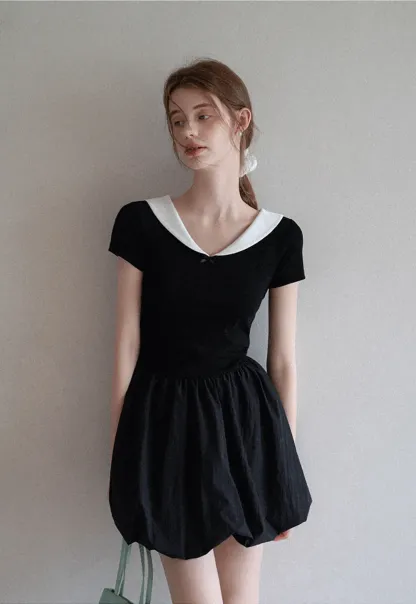 Contrast Collar Puff Sleeve Mini Dress