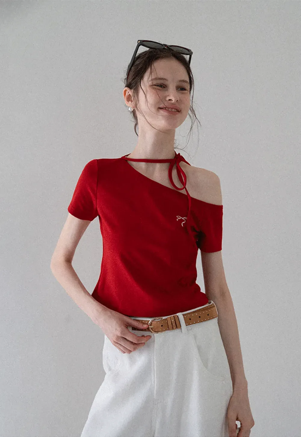 Asymmetric Tie Neck T-Shirt