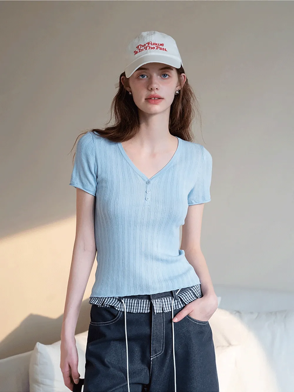 Ribbed V-Neck Buttoned Knit Top