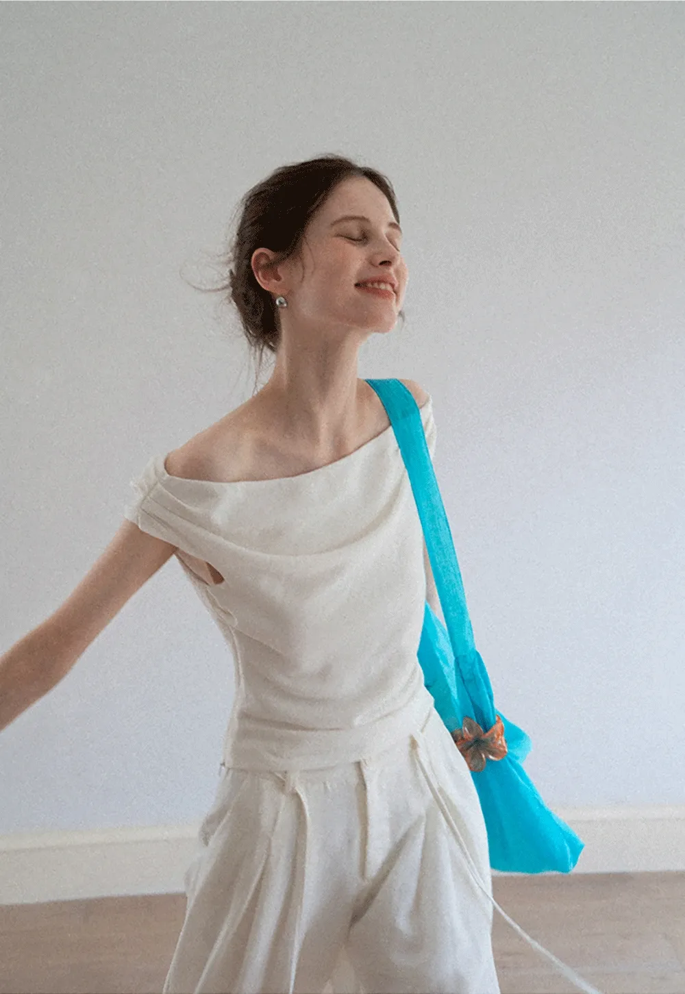 Off-Shoulder Fold-over Top + Pleated Tie-Waist Trousers