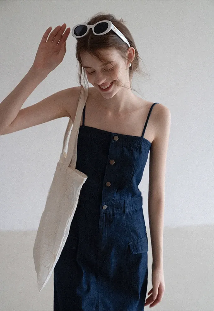 Button-Front Cargo Pocket Denim Dress