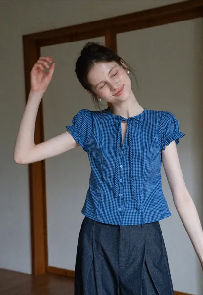 Gingham Puff Sleeve Blouse with Tie Neck