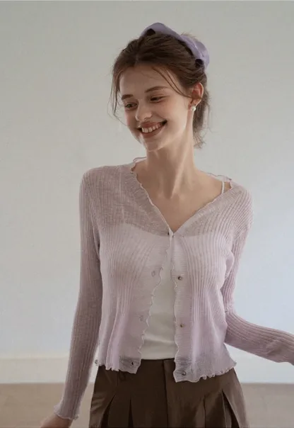 Women Ruffle Ribbed Knit Button Cardigan
