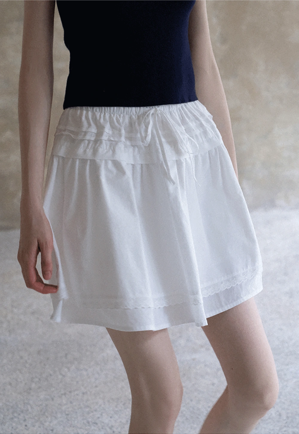 Women Drawstring Waist Layered Lace Trim Mini Skirt