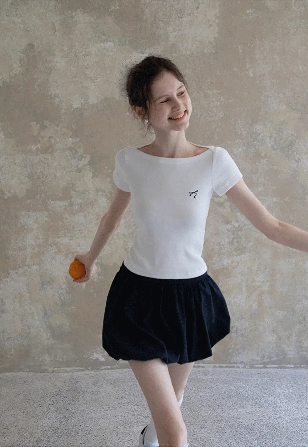 Women's Boat Neck Ribbed Tee with Embroidered Bow