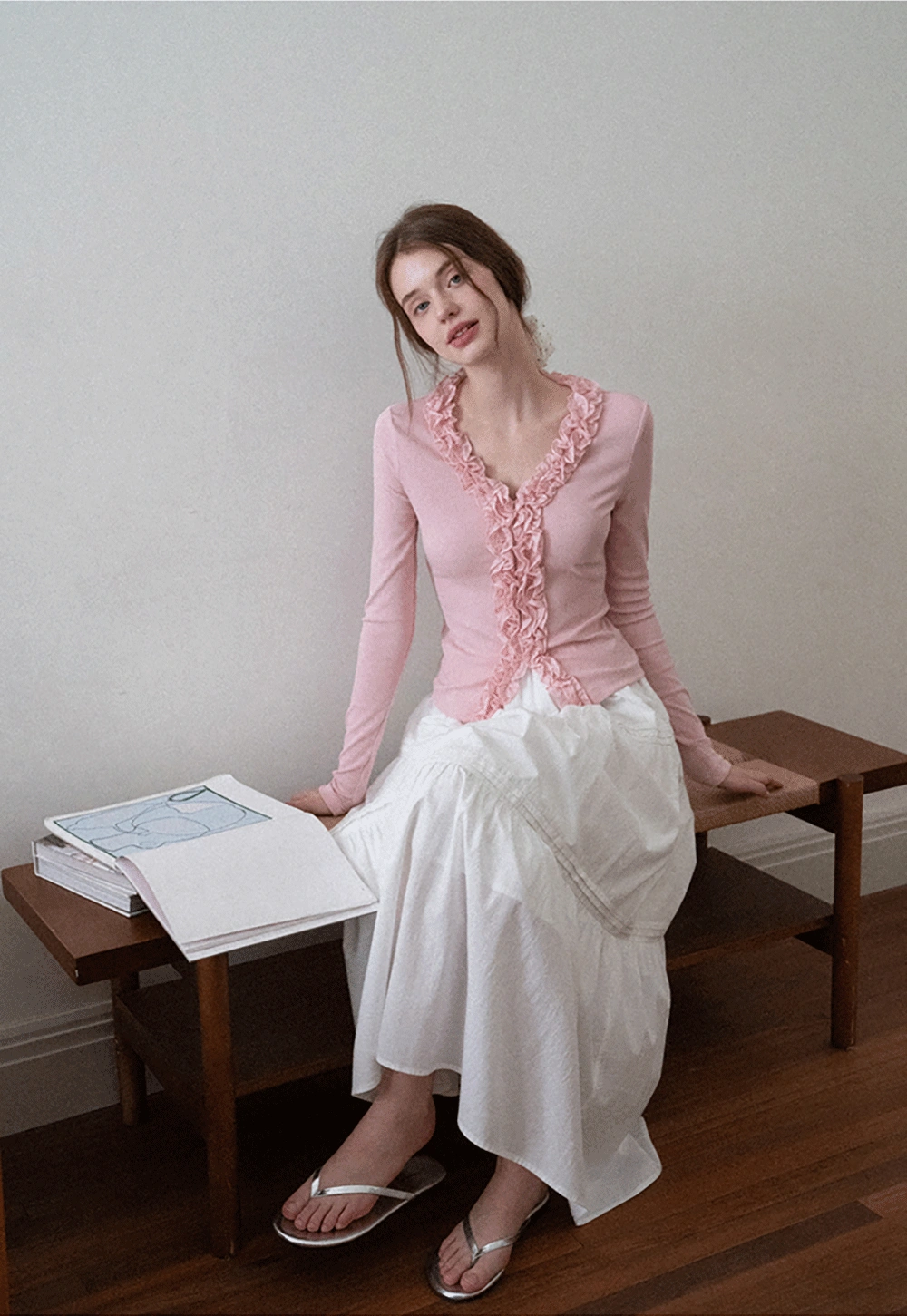 Women's Ruffle Trim V-Neck Long Sleeve Tee