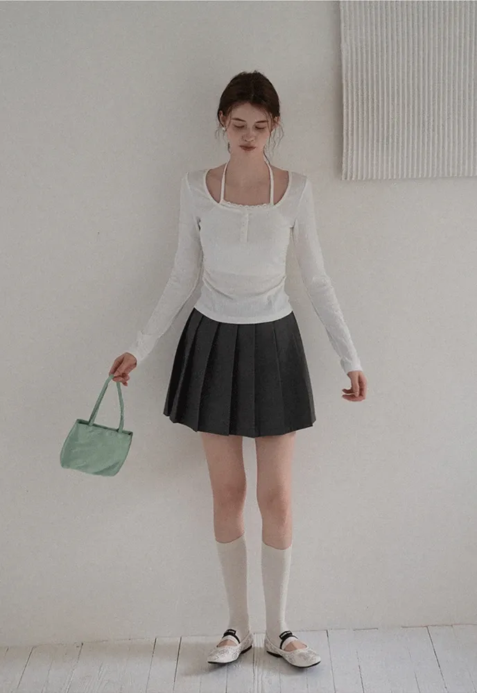 Long Sleeve Square Neck Halter Crop Top