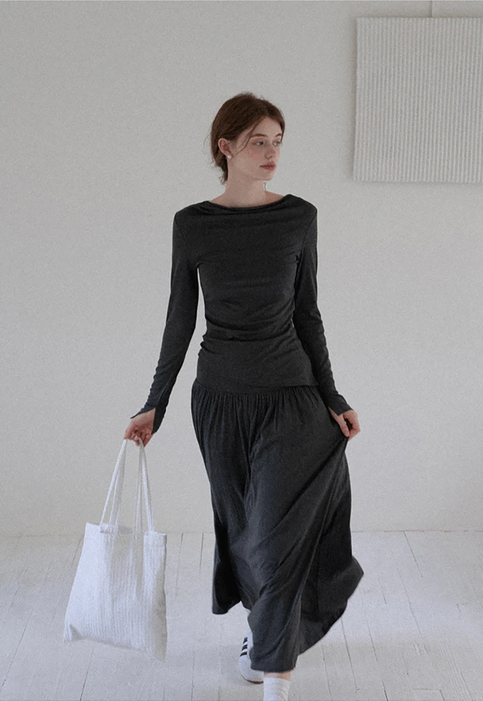 Long Sleeve Draped Top Midi Skirt Set