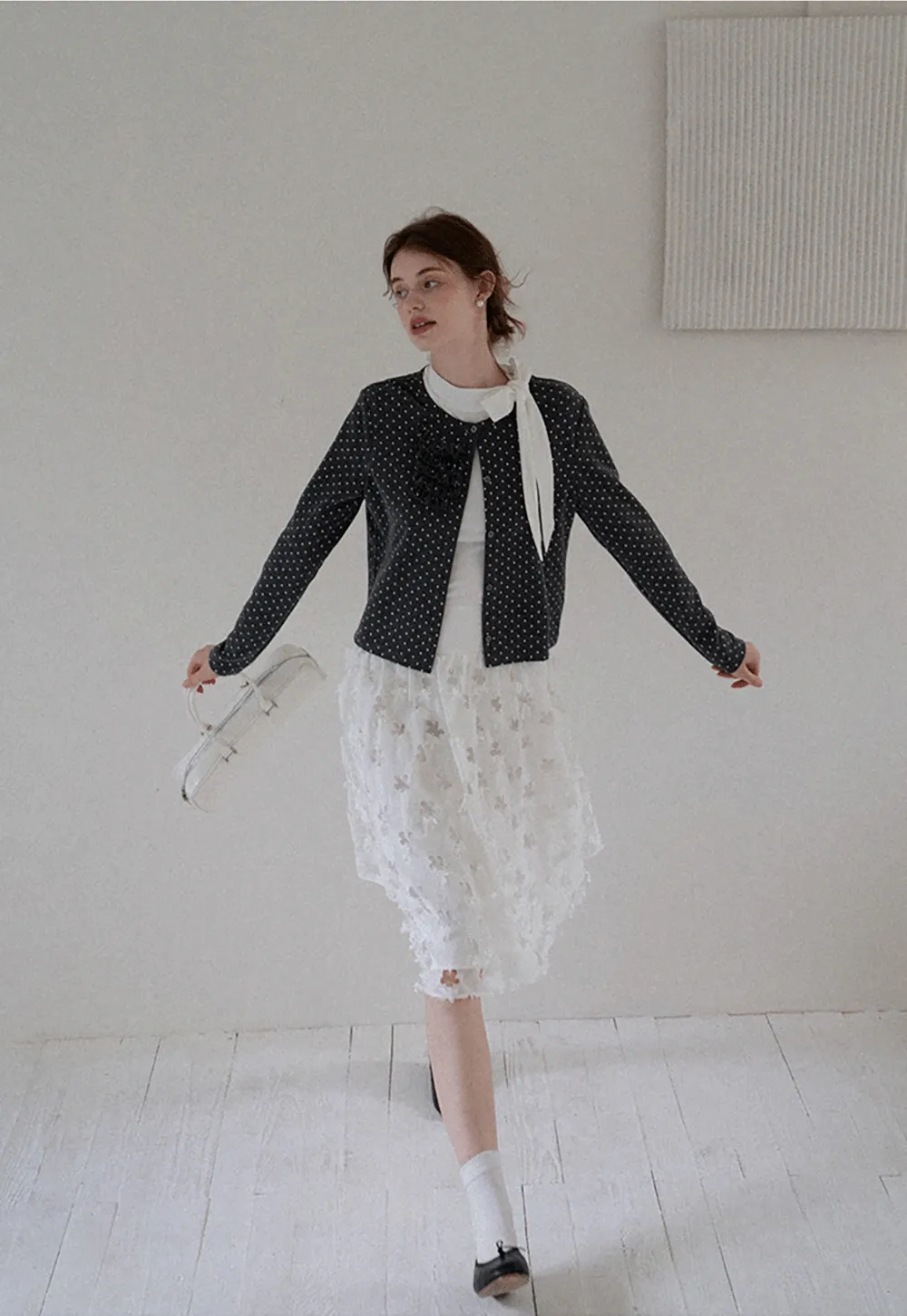 Polka Dot Ruffle Button-Up Cardigan