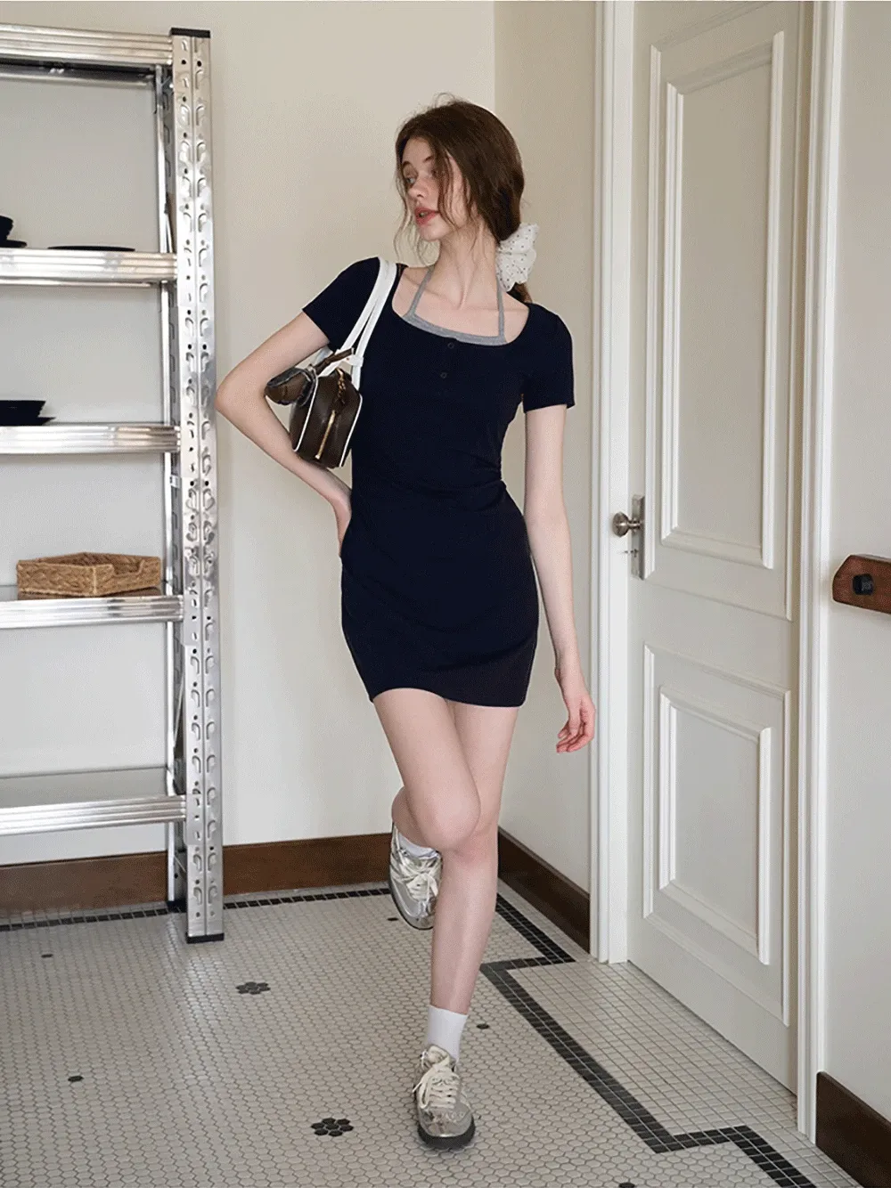 Women's Square Neck Halter Mini Dress with Ruched Waist