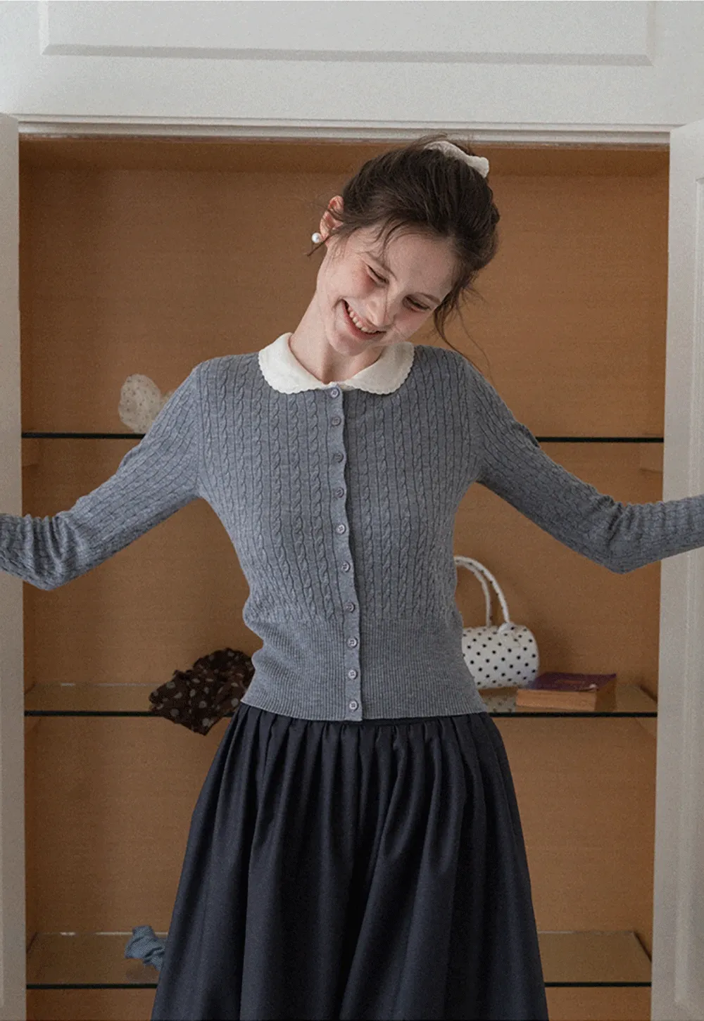 Women's Contrast-Collar Cable-Knit Cardigan