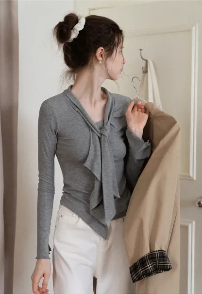 Women's Tie Neck Long Sleeve Tee