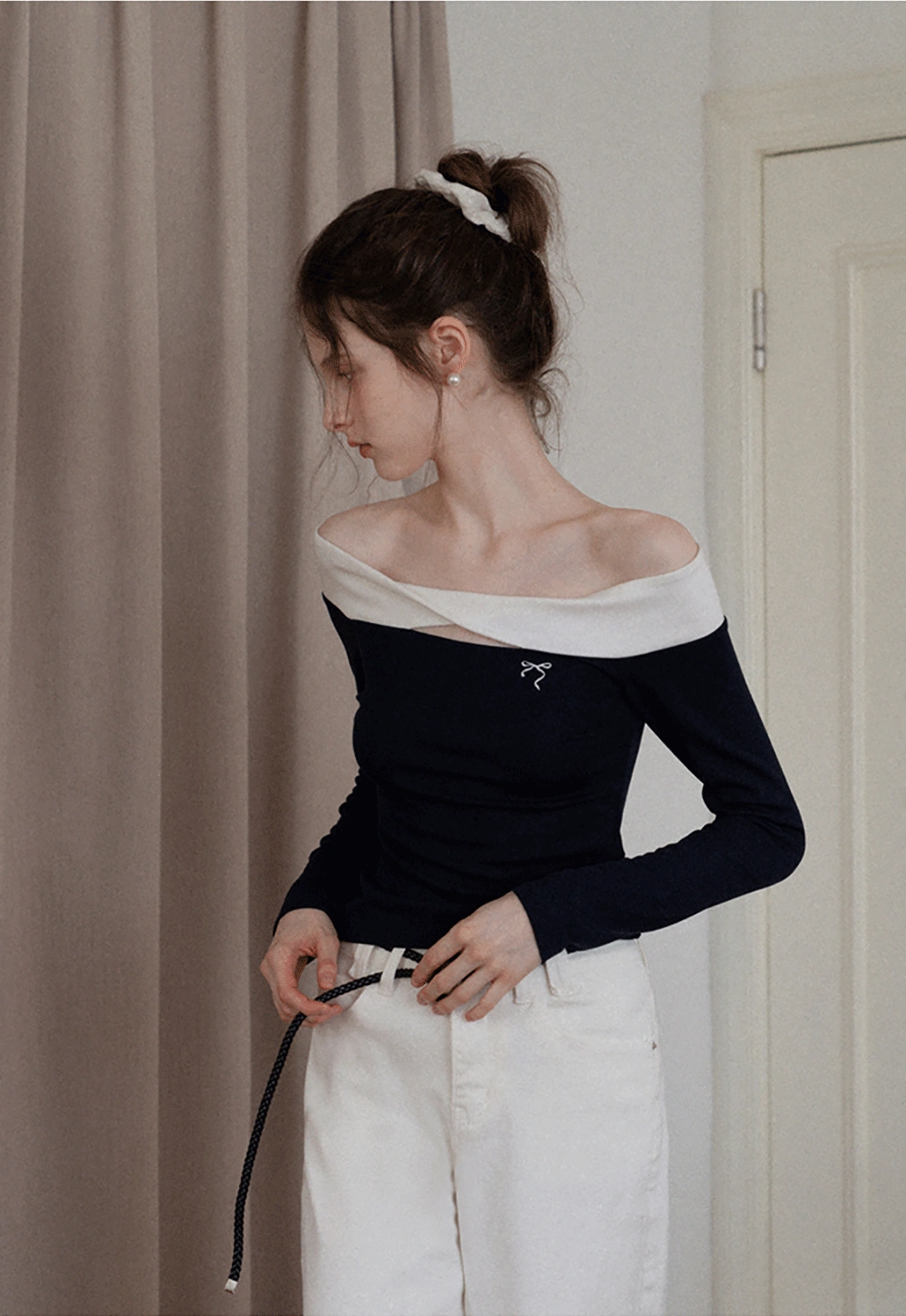 Women's Off Shoulder Contrast Fold-Over Knit Top