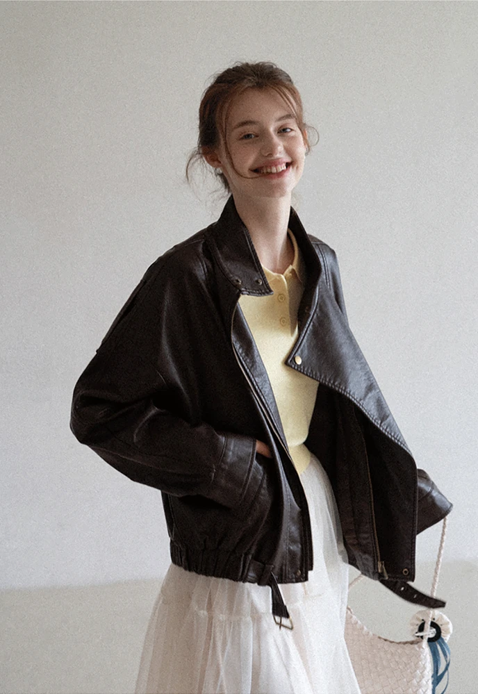 Funnel-Neck Leather Jacket
