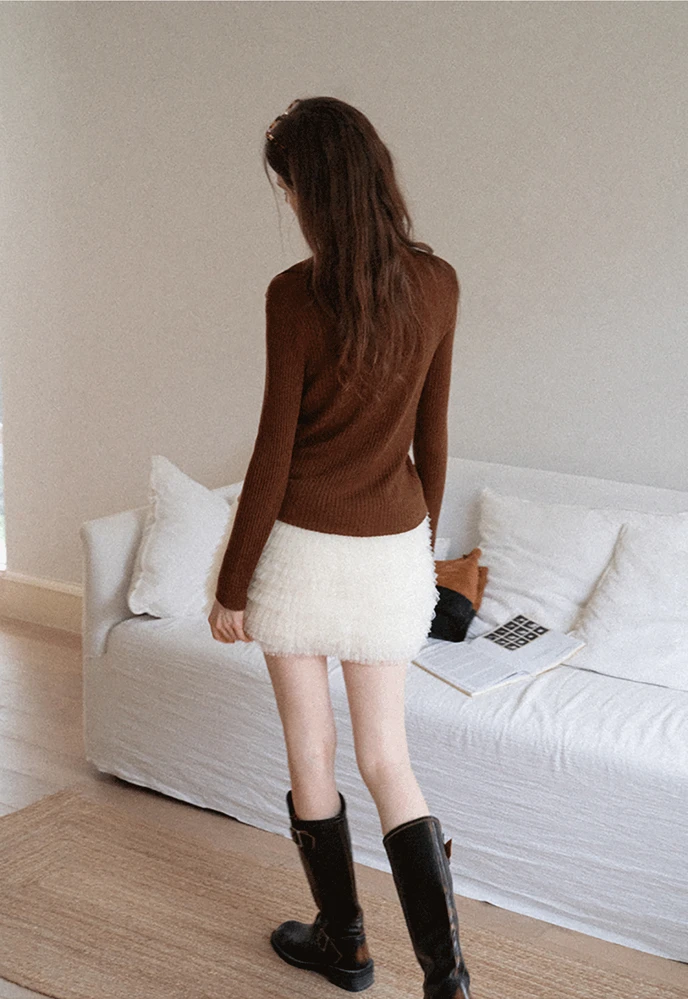 Ribbed Open-Collar Knit Top