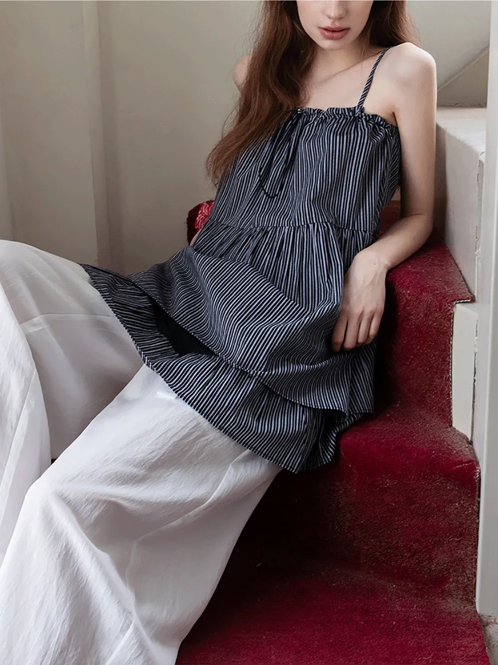 Striped Spaghetti Strap Ruffled Peplum Top