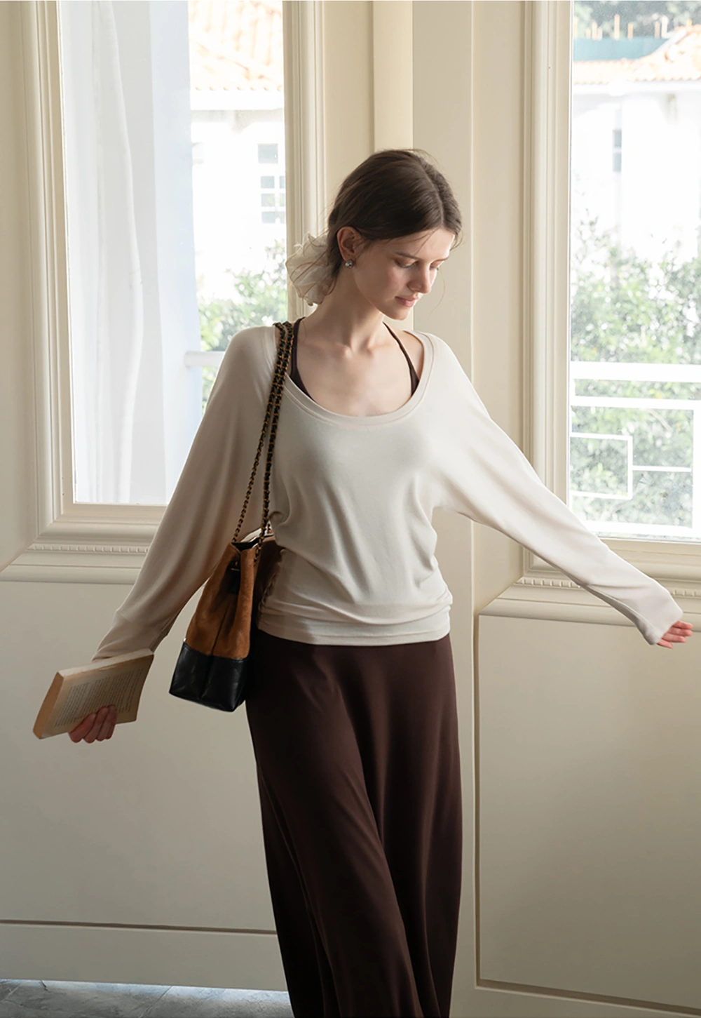 Casual Long Sleeve Top with Flowy Maxi Skirt