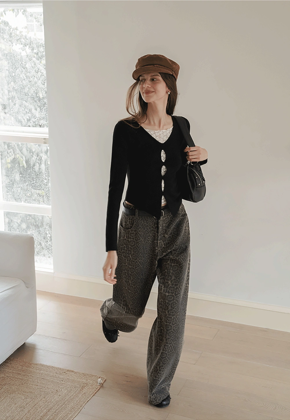 Black Long Sleeve V-Neck Cardigan with Lace Deta