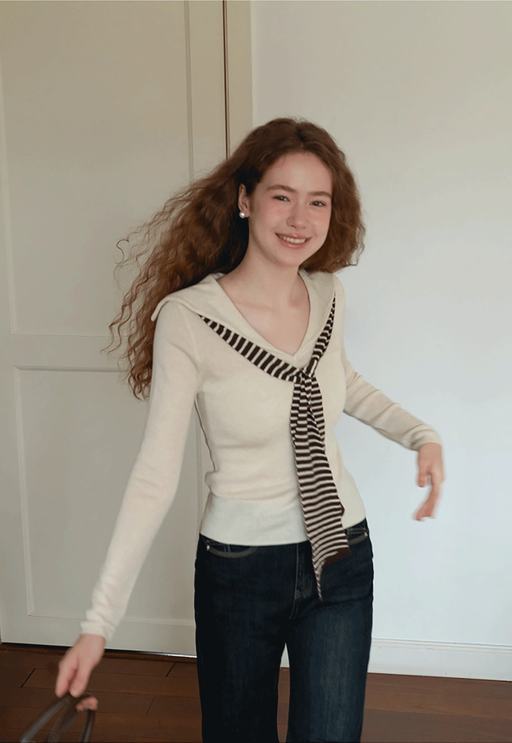 Womens Sailor Collar Long Sleeve Knit Top with Tie