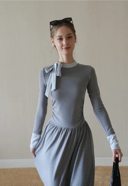 elegant grey long sleeve casual a-line dress