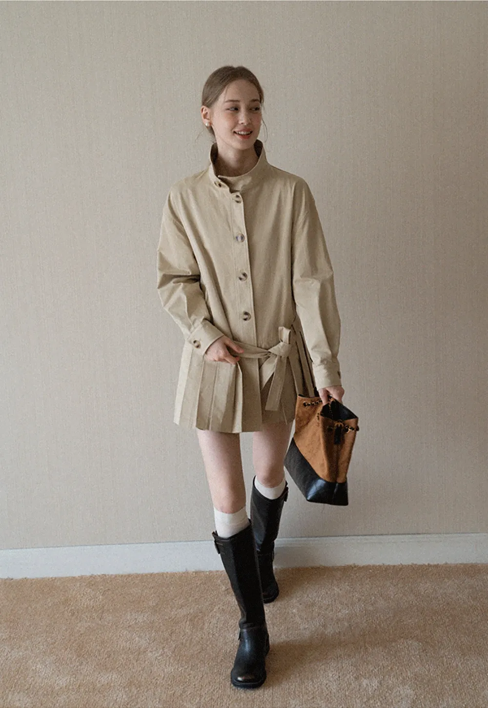 Womens Khaki High Neck Pleated Hem Trench Coat