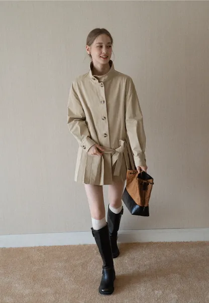 Womens Khaki High Neck Pleated Hem Trench Coat