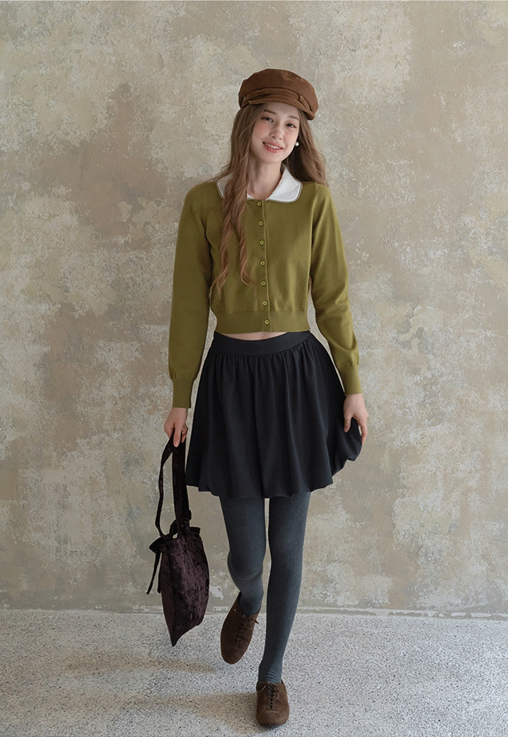 Womens Knit Cardigan with White Peter Pan Collar