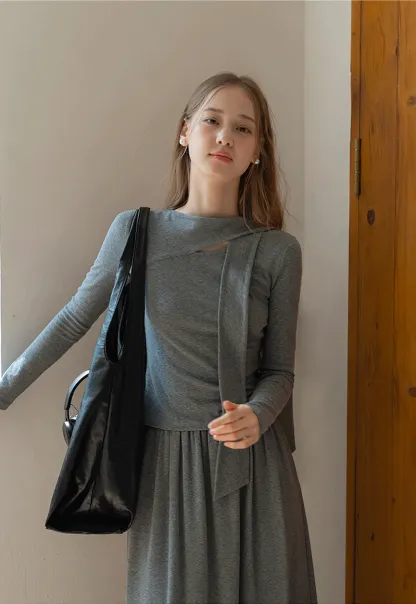 Relaxed Grey 2 Piece Outfit Long Sleeve Tee and Skirt