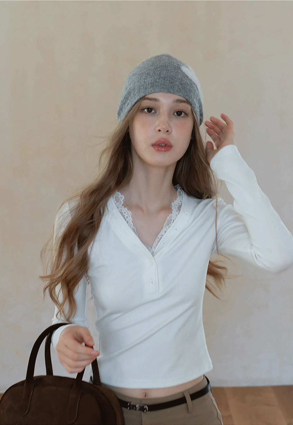 Womens White Lace Trim V Neck Long Sleeve Henley Top