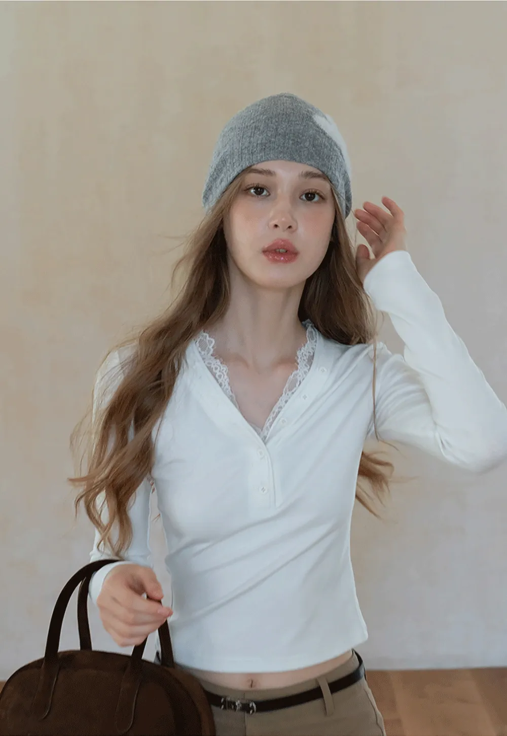 Womens White Lace Trim V Neck Long Sleeve Henley Top